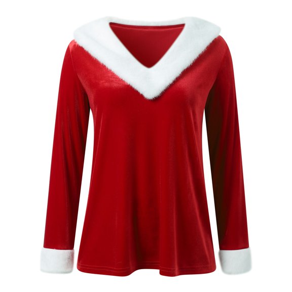 DHFJKG Christmas Sweatshirt For Women Fuzzy Trim V Neck Long Sleeve Pullover Top Velet Santa Themed Clothes Xmas Warm Winter Wear Soft Tops