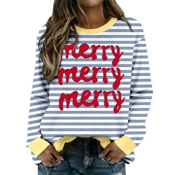 DHFJKG Christmas Sweatshirt For Women Striped Letter Print Crewneck Long Sleeve Casual Pullover Top For Winter Xmas Festive Cozy Tops