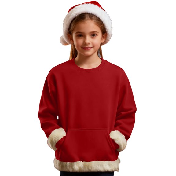 DHFJKG Christmas Sweatshirt Kids Fuzzy Trim Long Sleeve Pocket Top Winter Warm Xmas Themed Holiday Pullover For Boys Girls Comfort Tops