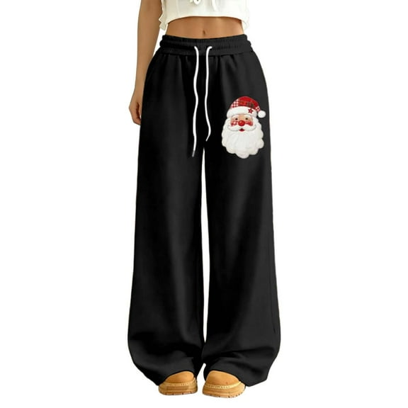 DHFJKG Christmas Wide Leg Pants Womens Santa Claus Print Elastic Waistband Floor Length Athletic Sweatpants Sportswear Comfort Trousers