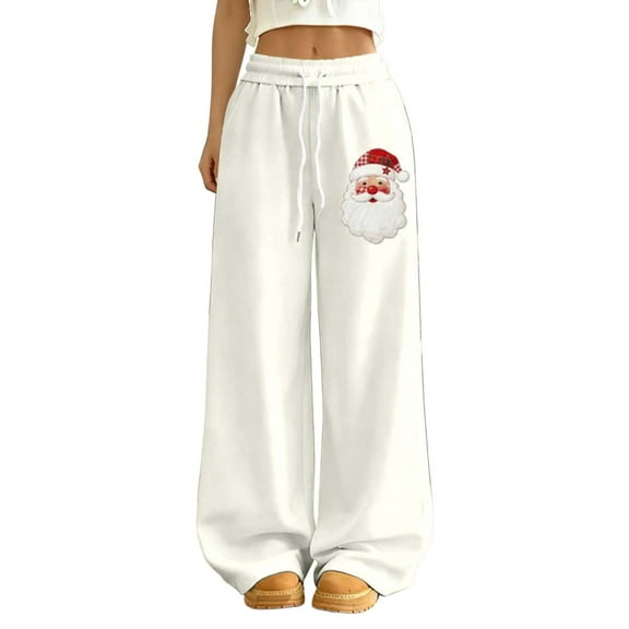 DHFJKG Christmas Wide Leg Pants Womens Santa Claus Print Elastic Waistband Floor Length Athletic Sweatpants Sportswear Cozy Trousers