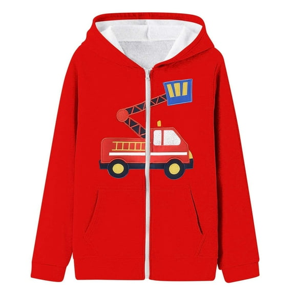 DHFJKG Coat Boys Girls Fire Truck Print Hooded Zip Up Jacket For Kids Warm Outerwear Coats For Toddler And Children Casual School Outdoor Winter Fall Long Sleeve With Pockets Stylish Outerwear