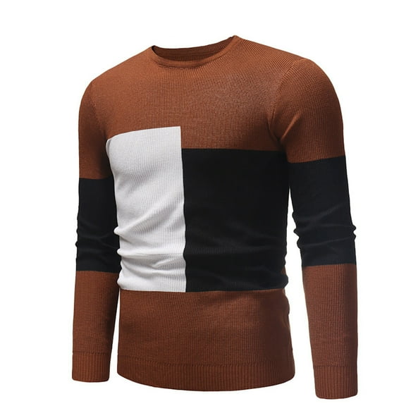 DHFJKG Color Block Knitted Sweater Mens Casual Loose Fit Round Neck Long Sleeve Warm Sweaters Pullover Lightweight Base Cozy Jumper Tops