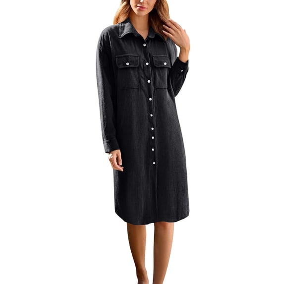 DHFJKG Corduroy Shirt Dresses For Women Casual Long Sleeve Button Up Collared Loose Fit Midi Dress Solid Color Comfortable Tunic Stylish Dresses