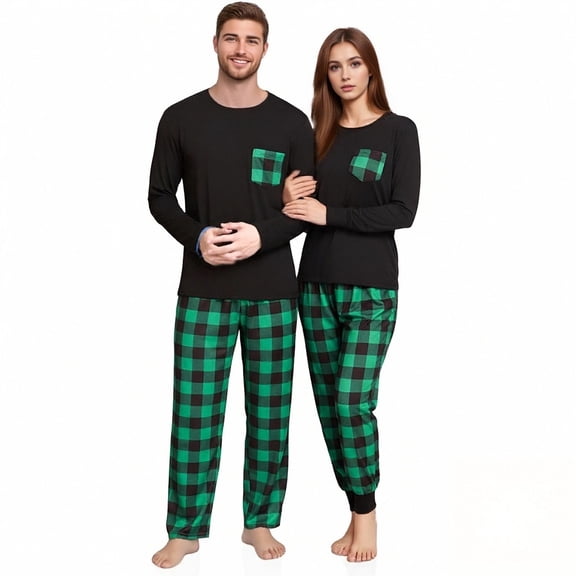 DHFJKG Couples Pajamas Matching Sets Mens Long Sleeve Regular Fit Top Ankle-Tied Plaid Pants 2 Piece Sleepwear Leisure Home Clothes