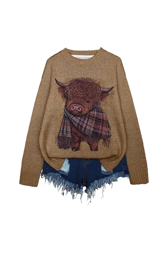 Crew Neck Sweaters For Women Cute Cow Printed Loose Fit Long Sleeve Knitted Top Pullover With Ribbing Edge Winter Cozy Jumper Tops