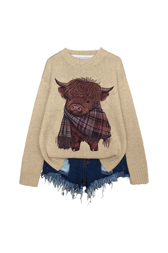 Crew Neck Sweaters For Women Cute Cow Printed Loose Fit Long Sleeve Knitted Top Pullover With Ribbing Edge Winter Versatile Jumper Tops