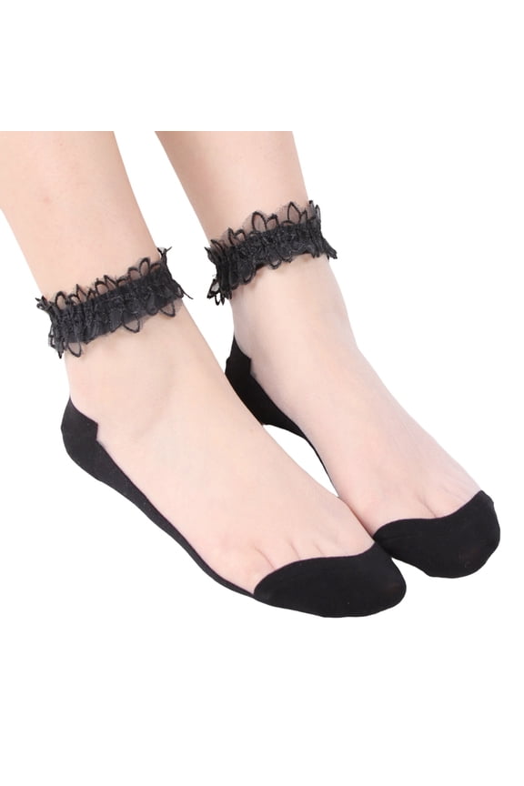Crew Socks For Women Ruffle Trim Sexy Mesh Sheer Solid Color Basic Socks Summer Lightweight Sock