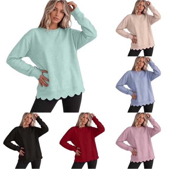 DHFJKG Crewneck Sweatshirts For Women Scalloped Casual Long Sleeve Pullover Tops