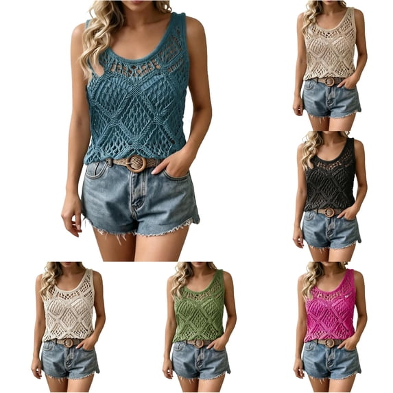 DHFJKG Crochet Tank Tops For Women Sleeveless Casual Knit Hollow Out Solid Color Scoop Neck Shirt Summer Beach Vacation Clothes Stylish Top