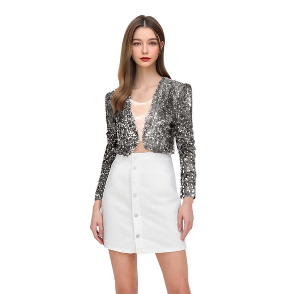 DHFJKG Crop Jackets For Women Glitter Sparkly Sequins Long Sleeve Slim Fit Open Front Jacket Carnival Festival Shiny Stylish Outerwear