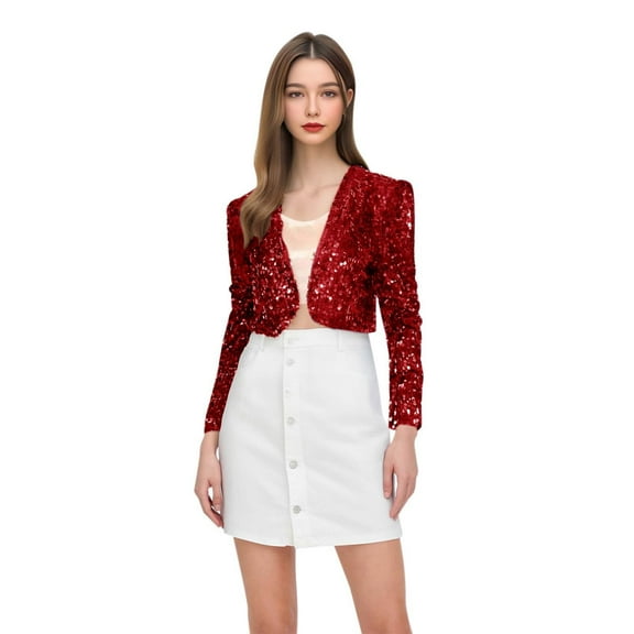 DHFJKG Crop Jackets For Women Glitter Sparkly Sequins Long Sleeve Slim Fit Open Front Jacket Carnival Festival Shiny Versatile Outerwear