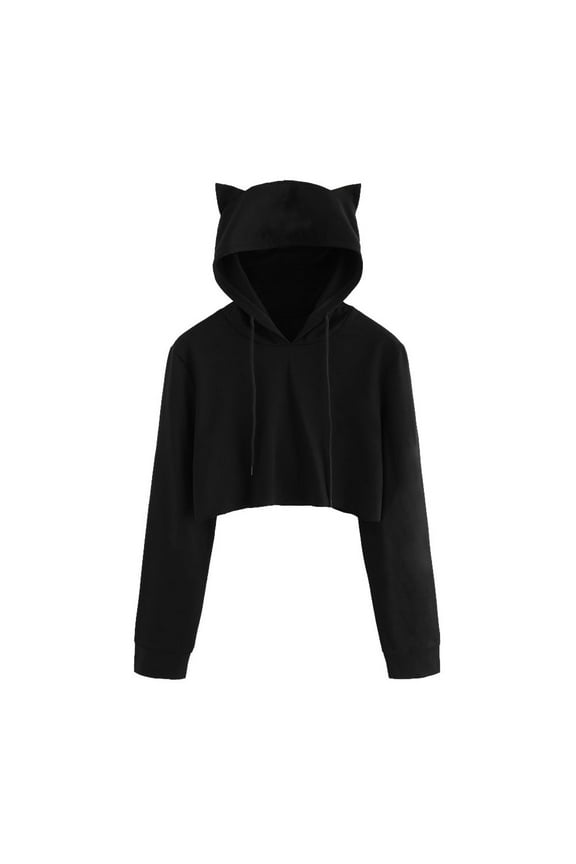 Crop Top For Womens Hoodie Long Sleeve Cat Ears Hood Drawstring Pullover Spring Fall Cute T Shirts Trendy Tops