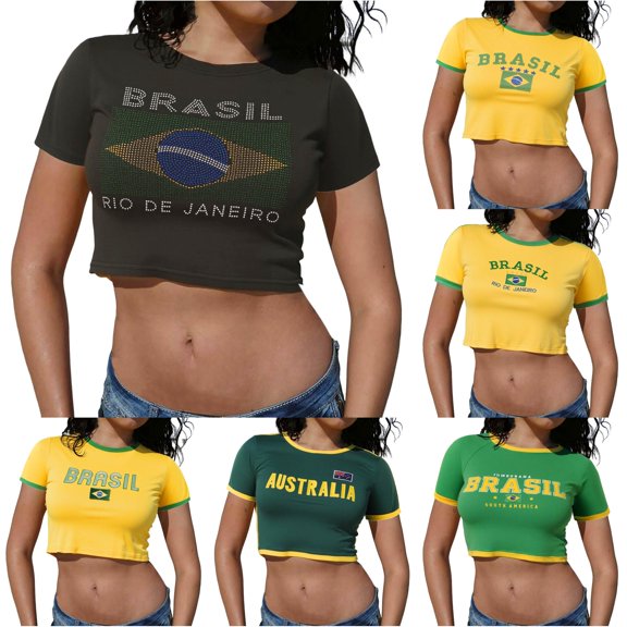 DHFJKG Crop Tops For Women Retro Short Sleeve Letter National Flag Printed Crew Neck T Shirt Slim Fit Going Out Trendy Top