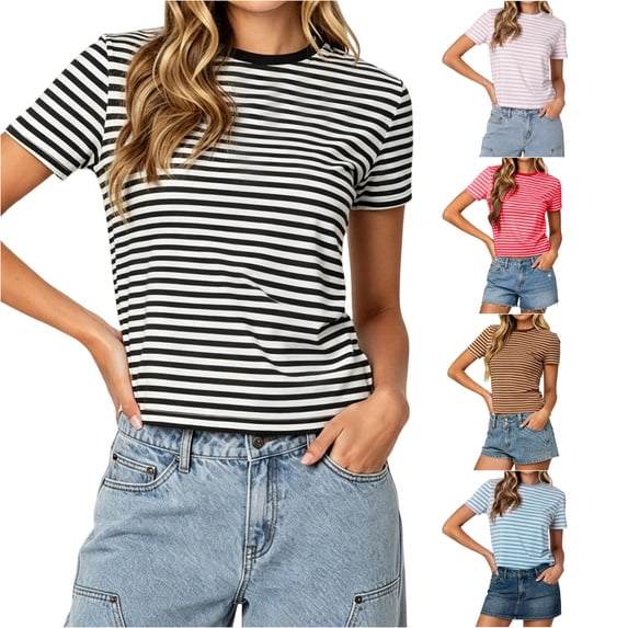 DHFJKG Crop Tops For Women Striped Tees Slim Fit Short Sleeve Crew Neck Summer T Shirt