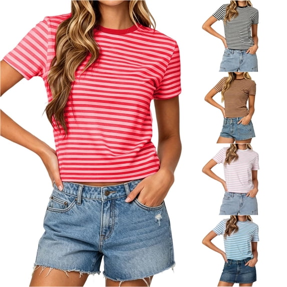 DHFJKG Crop Tops For Women Striped Tees Slim Fit Short Sleeve Crew Neck Summer T Shirt