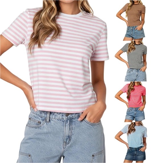 DHFJKG Crop Tops For Women Striped Tees Slim Fit Short Sleeve Crew Neck Summer T Shirt