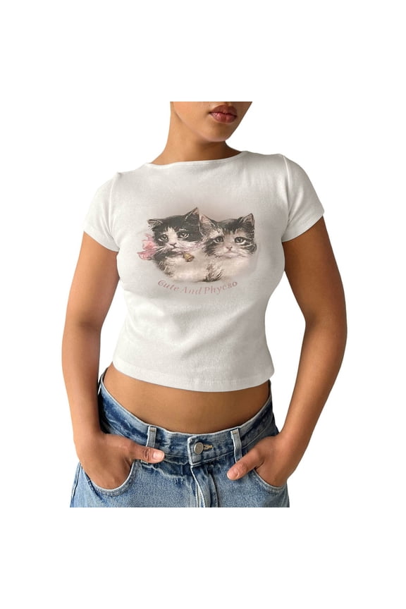 Crop Tops For Women Cute Graphic Tee Cat Print Short Sleeve Soft Comfortable Casual T Shirt Summer Sexy Slim Fit Going Out Clothes Stylish Tops