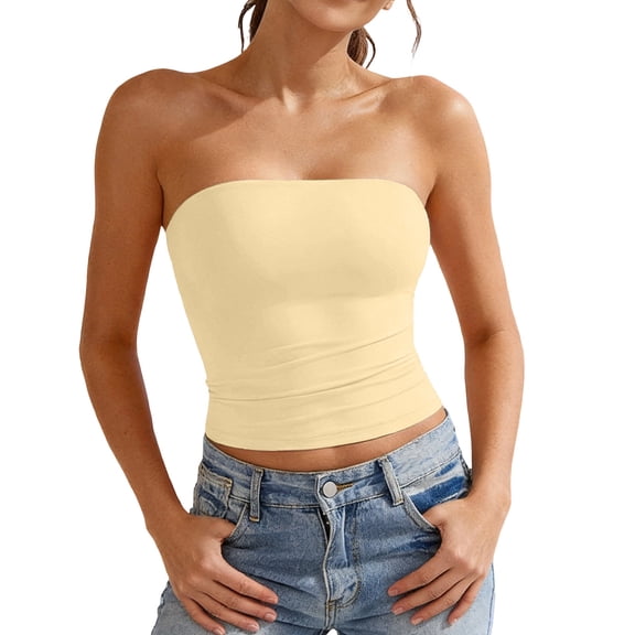 DHFJKG Crop Tube Tops For Women Solid Color Strapless Tank Top Slim Fit Ruched Stretchy Soft Summer Basic Shirt