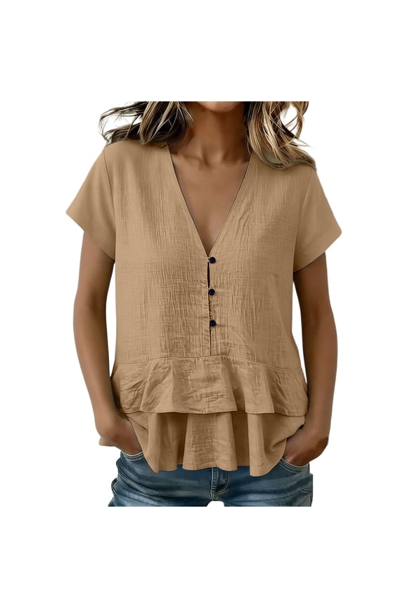 Deep V Neck T Shirts For Women Short Sleeve Ruffle Hem Solid Color Loose Fit Basic Tee Casual Daily Wear Soft Tops