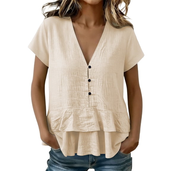 DHFJKG Deep V Neck T Shirts For Women Short Sleeve Ruffle Hem Solid Color Loose Fit Basic Tee Casual Daily Wear Versatile Tops