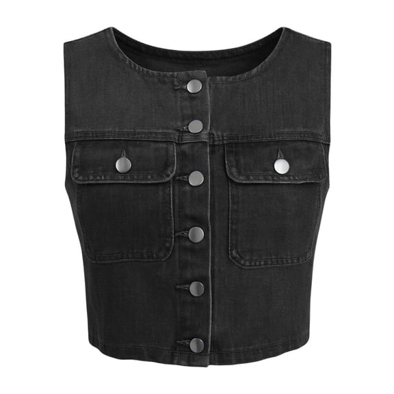 DHFJKG Denim Tank Tops For Women Button Front Sleeveless Crew Neck Slim Fit Summer Crop Top With Pockets
