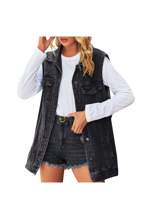 Denim Vest For Women Retro Distressed Washed Solid Color Jean Waistcoat Jacket Sleeveless Loose Fit Button Down Versatile Outerwear