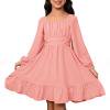 DHFJKG Dress Girls Casual Long Sleeve Hem Pleated Square Collar Dresses With Waist Tie For Outdoor Summer Spring Fall Solid Color Cute Sundress