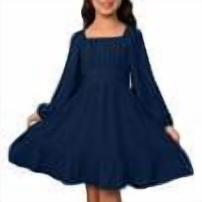 DHFJKG Dress Girls Casual Long Sleeve Hem Pleated Square Collar Dresses With Waist Tie For Outdoor Summer Spring Fall Solid Color Cute Sundress