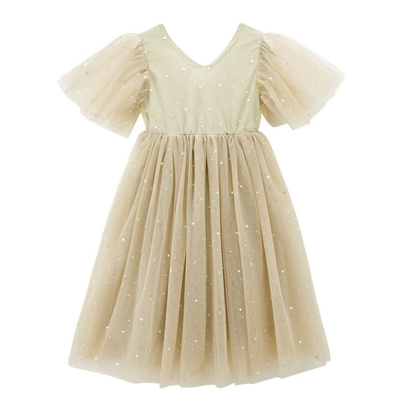 DHFJKG Dress Girls' Elegant Sparkly Star Mesh Dress Suitable For 2-14 Years Short Sleeve V-Neck Mid-Calf Comfort Dresses