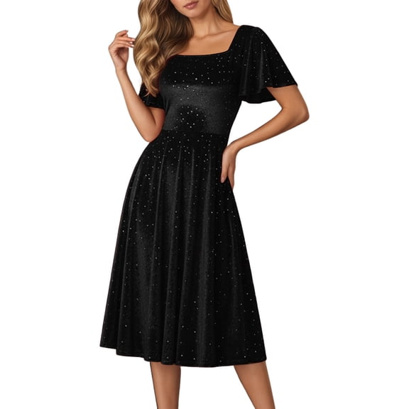 DHFJKG Dresses For Women Elegant Christmas Velvet Dress Short Sleeve Retro Style Daily Wear Slim Fit Knee-Length Comfort Dresses