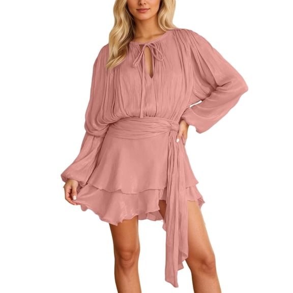 DHFJKG Dresses For Women Long Sleeve Ruffle Hem Smocked Waist Elegant Flowy Mini Dress Soft Breathable Stylish Dresses