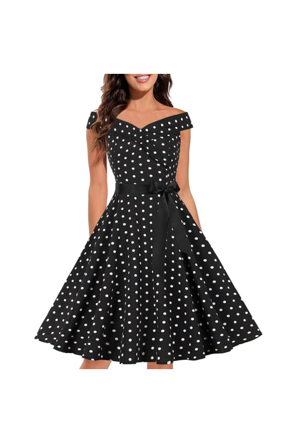 Dresses For Women Polka Dot Vintage 1950s Retro Swing Party Dress Short Sleeve V Neck Flowy A Line Midi Trendy Dresses