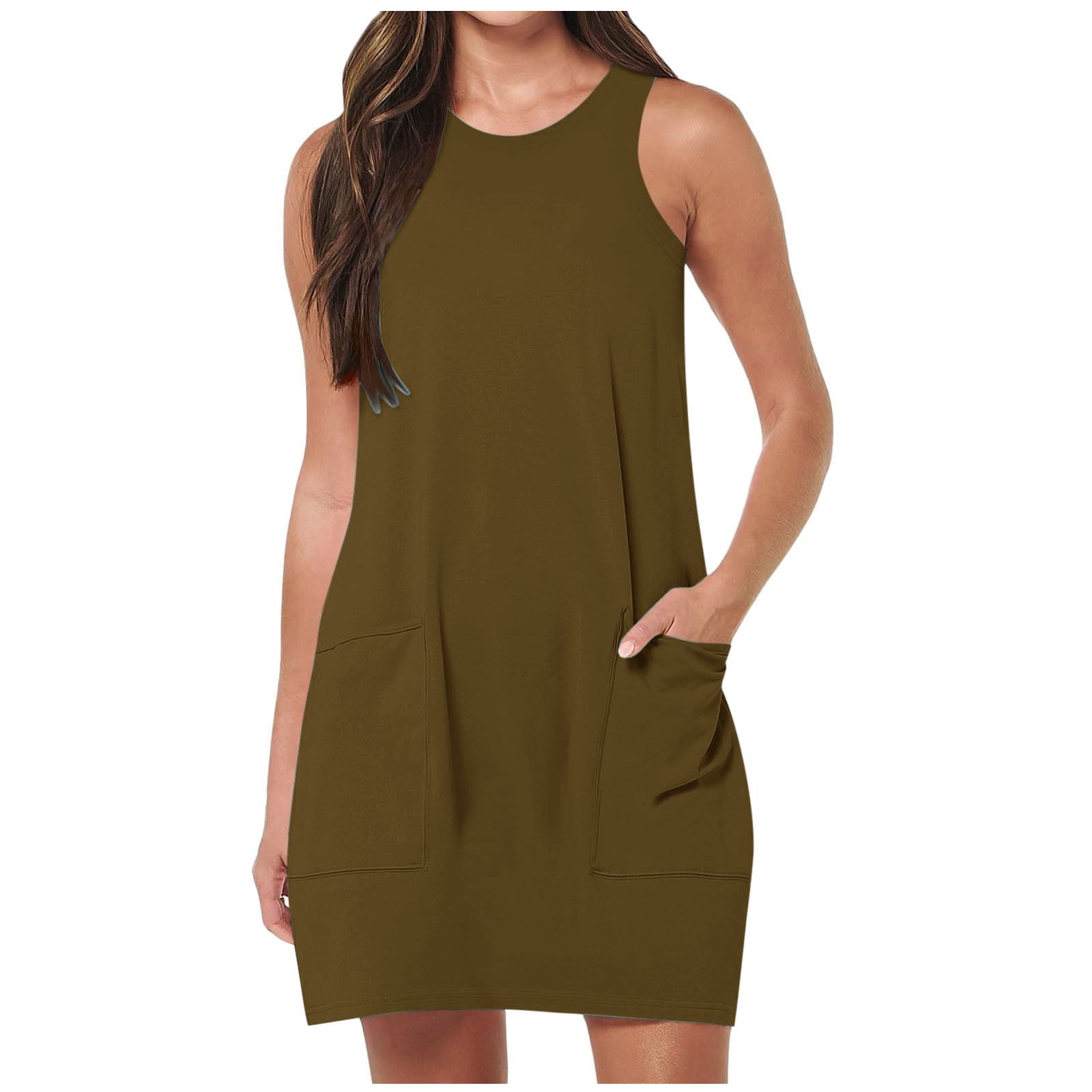 DHFJKG Dresses For Women Sleeveless Mini Dress T Shirt Loose Fit Tunic Workout Sport Tennis Athletic Dress With Pockets Trendy Dresses