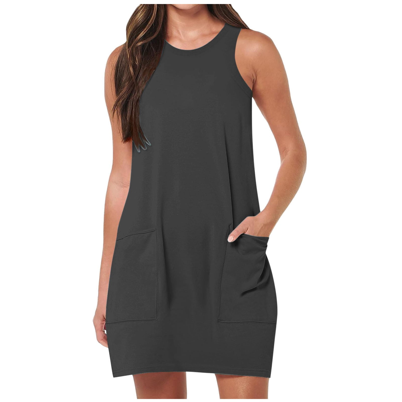 DHFJKG Dresses For Women Sleeveless Mini Dress T Shirt Loose Fit Tunic Workout Sport Tennis Athletic Dress With Pockets Trendy Dresses