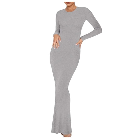 DHFJKG Dresses For Women Slim Fit Crewneck Long Sleeve Solid Color Maxi Dress Party Club Teacher Casual Office Classic Dresses
