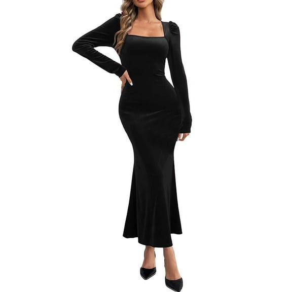 DHFJKG Dresses For Women Slim Fit Square Neck Long Sleeve Solid Color Flare Maxi Dress Party Club Teacher Casual Office Versatile Dresses