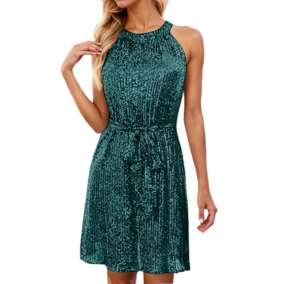 DHFJKG Dresses For Women Sparkly Sequin Sleeveless Tie Waist Party Mini Dress Glitter Shiny Elegant Evening Gown Clubwear Versatile Dresses