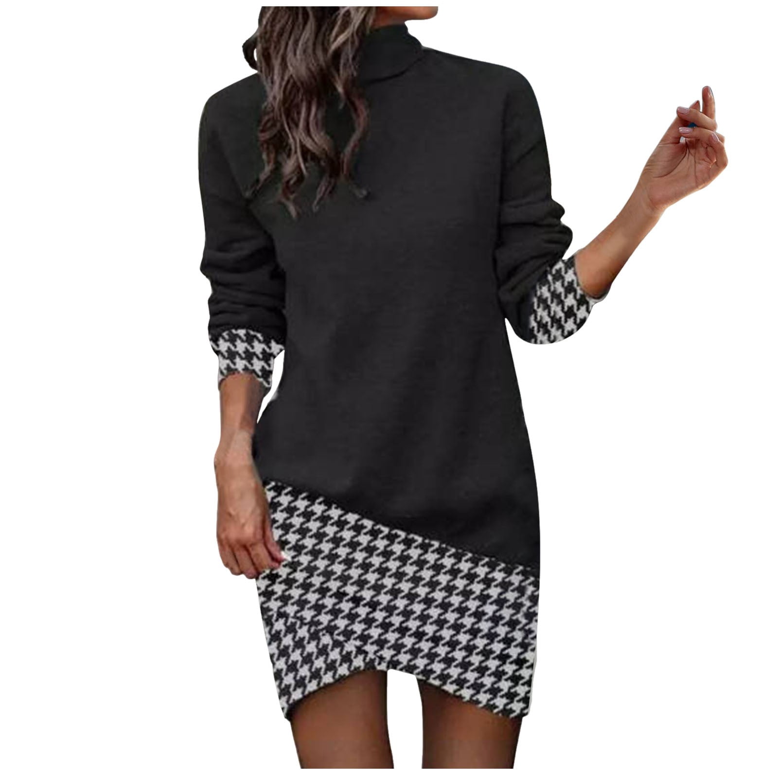 navy blue dress for baby girl DHFJKG Dresses For Women Winter Turtleneck Long Sleeve Patchwork Mini Dress  Teacher Casual Office Versatile Dresses