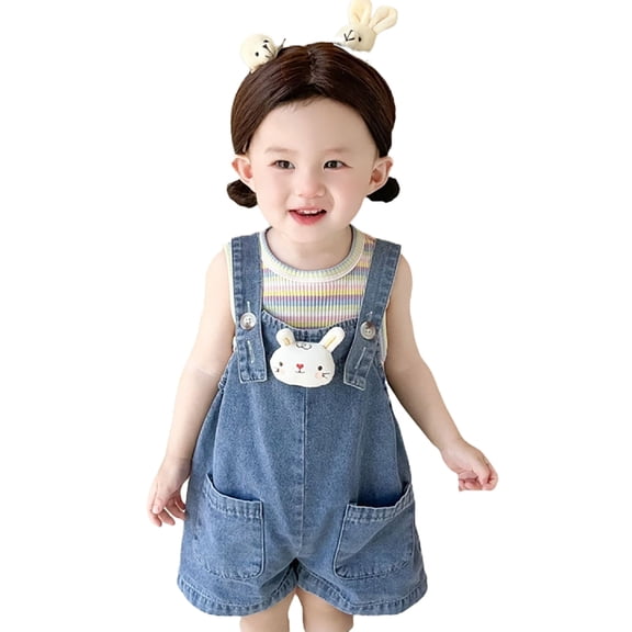 DHFJKG Easter Baby Girl Clothes Toddler Girls Denim Suspender Shorts With Cute Rabbit Design Adjustable Straps Jean Rompers With Pockets For Kids 6M-5Y