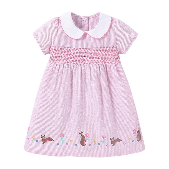 DHFJKG Easter Girls Dress Short Sleeve Cute Peter Pan Collar Bunny Print Party A-Line Mini Dress For Kids 1-8Y Summer Holiday Soft Dresses