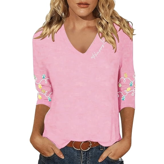 DHFJKG Easter T Shirts For Women 3/4 Sleeve Graphic Tee Casual V Neck Egg Printed Loose Fit Top For Holiday Celebration Soft Tops