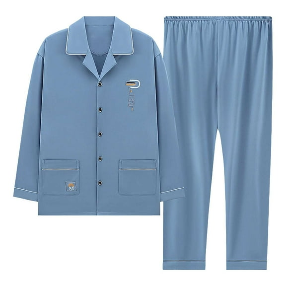 DHFJKG Fall Winter Pajama Set For Men Lightweight Loungewear Long Sleeve Turndown Collar Button Down Pockets Shirt Loose Fit Pants PJ 2 Piece Set Cozy Homewear
