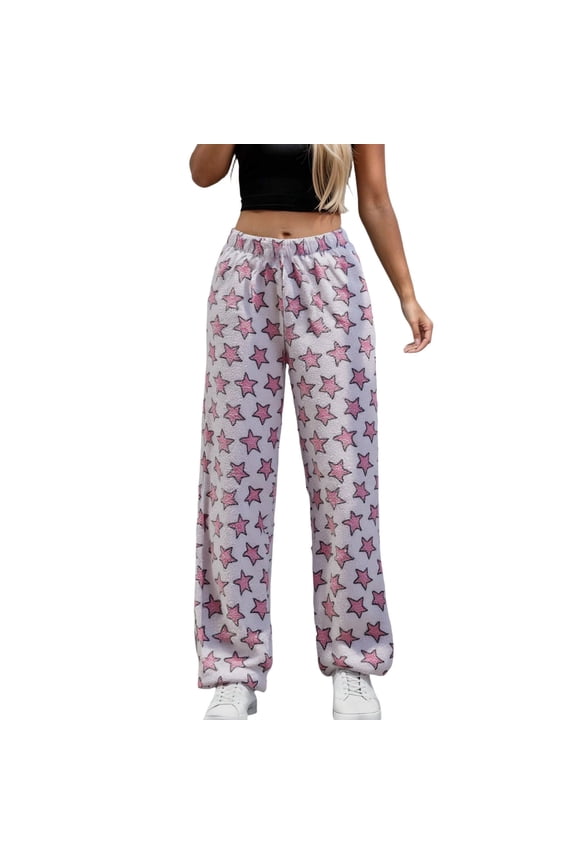 Flannel Pajamas Pants Women Fluffly Shaggy Star Pattern Sleep Pants Winter Warm Pj Bottoms Loose Fit Elastic Waist Versatile Trousers