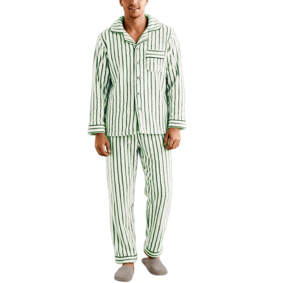 DHFJKG Flannel Pajamas Set For Men Striped Loungewear Long Sleeve Turndown Collar Button Up Top Loose Fit Bottoms 2 Piece Sleepwear Comfort Homewear