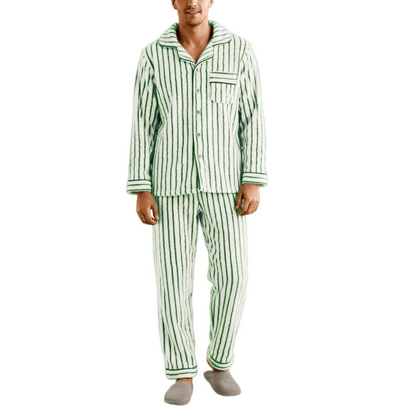 DHFJKG Flannel Pajamas Set For Men Striped Loungewear Long Sleeve Turndown Collar Button Up Top Loose Fit Bottoms 2 Piece Sleepwear Cozy Nightwear