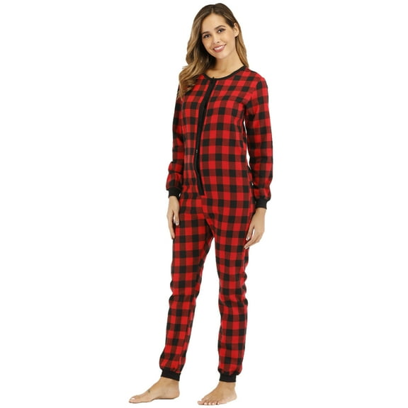 DHFJKG Flannel Plaid Pajamas For Women Jumpsuit Snug Fit Long Sleeve Button Down Onesie Loungewear Suit Fall Winter Leisure Homewear