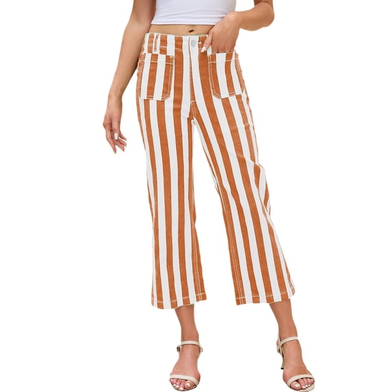 DHFJKG Flared Capri Pants For Women Loose Fit Casual Striped Flat Front Summer Cropped Pants With Pockets Travel Outfits Comfortable Trousers