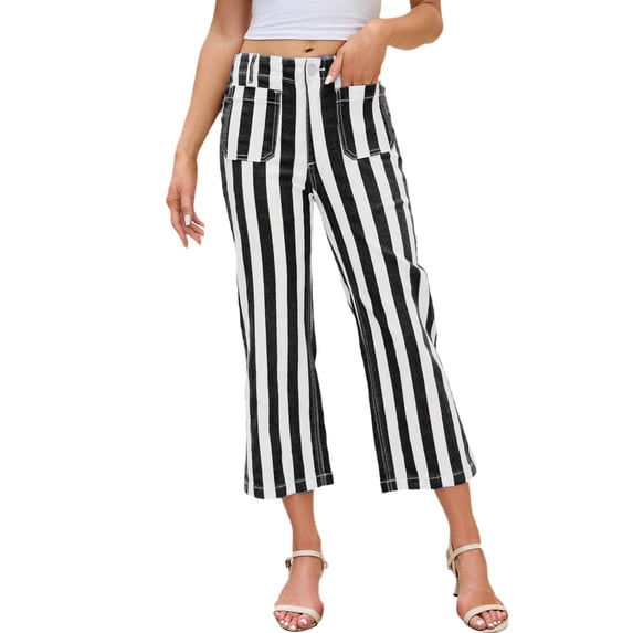 DHFJKG Flared Capri Pants For Women Loose Fit Casual Striped Flat Front Summer Cropped Pants With Pockets Travel Outfits Stylish Trousers