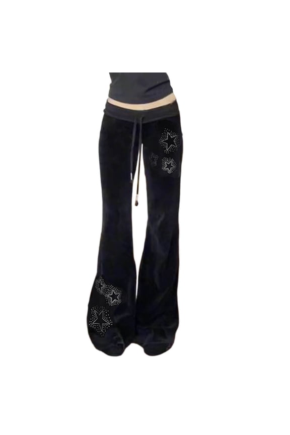 Flared Pants Women Gothic Stretchy Low Rise Slim Fit Bootcut Trousers Casual Drawstring Star Rhinestone Vintage Comfy Pants